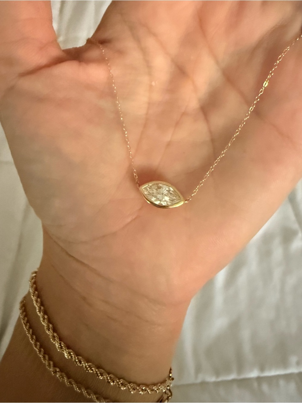 Solid 14kt Gold Lab Marquise Bezel Set Pendant Necklace - 18”, 1ct.